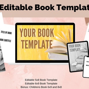 May include: An image showcasing editable book templates. The design includes a laptop, tablet, and smartphone displaying book layouts. Accompanying documents feature "Table of Contents" and "Introduction" headings. The text "YOUR BOOK TEMPLATE" is prominently displayed.