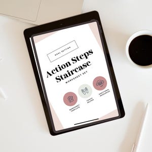 May include: A digital tablet displaying a worksheet set titled "Action Steps Staircase" for goal setting. The worksheet set includes a worksheet template, a coach helper, and additional resources.