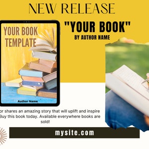 May include: A promotional image for a new book release. The image features a tablet displaying a book template with stacked books. Text includes "NEW RELEASE", "YOUR BOOK", and "BY AUTHOR NAME". A person is writing in a book with a pen.