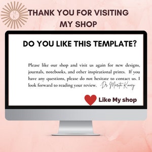 May include: A computer monitor displays text that reads "THANK YOU FOR VISITING MY SHOP" and "DO YOU LIKE THIS TEMPLATE?". The screen also includes a message about journals and notebooks, and a heart icon with the words "Like My shop".