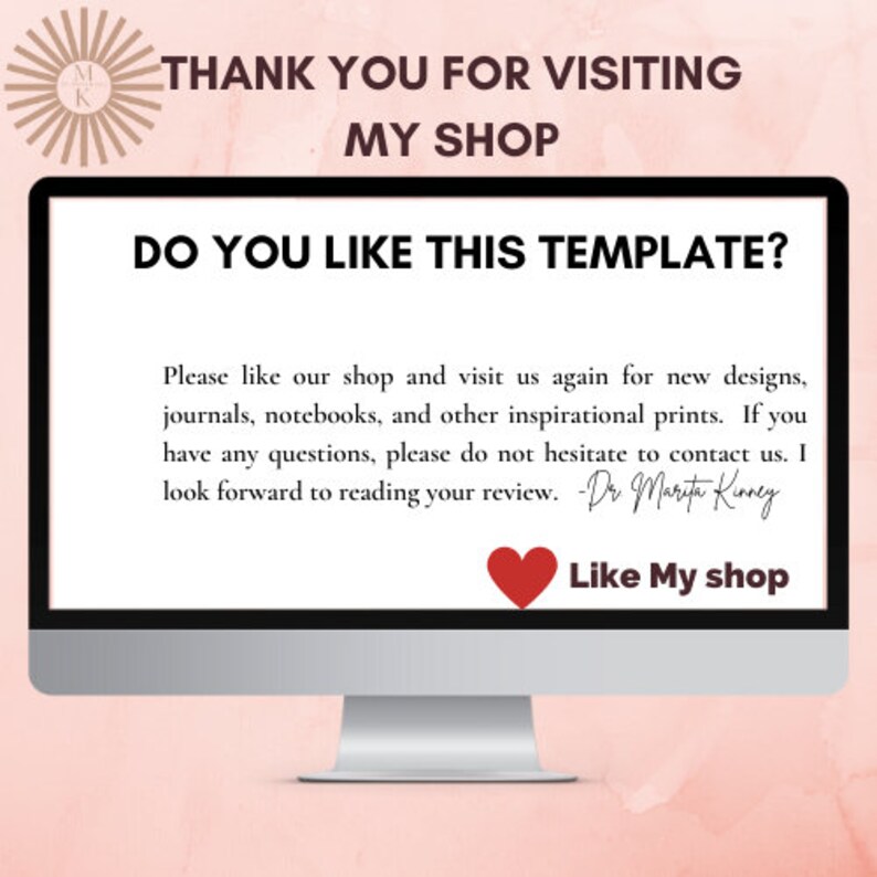 May include: A computer monitor displays text that reads "THANK YOU FOR VISITING MY SHOP" and "DO YOU LIKE THIS TEMPLATE?". The screen also includes a message about journals and notebooks, and a heart icon with the words "Like My shop".