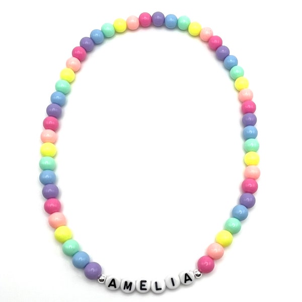 Kids Rainbow Stretchy Personalized Name Necklace - hearts, stars