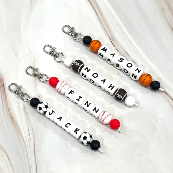 Personalized Name Beaded Sports Keychain - kids, boys, backpack, basketball, soccer, baseball, football