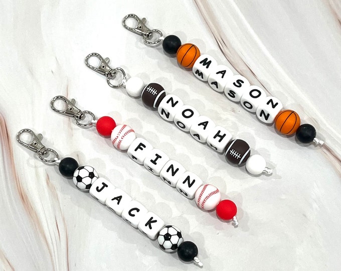 Personalized Name Beaded Sports Keychain - kids, boys, backpack, basketball, soccer, baseball, football