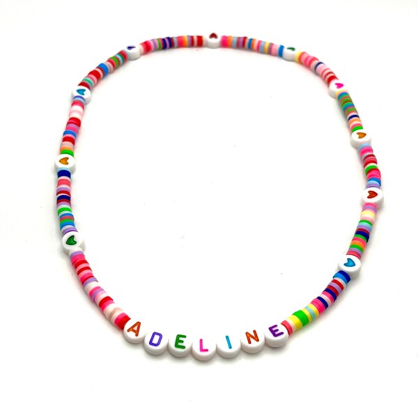 Kids Name Necklace with Thin Rainbow Heishi and Heart beads - toddler, girls, stretch, personalized, custom