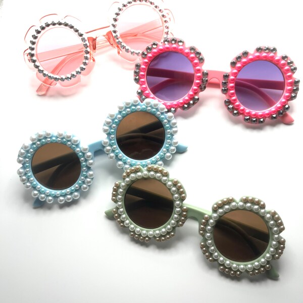 Kids Funky Bling Flower Sunglasses - little girls, toddler, pearls, rhinestones, crystal