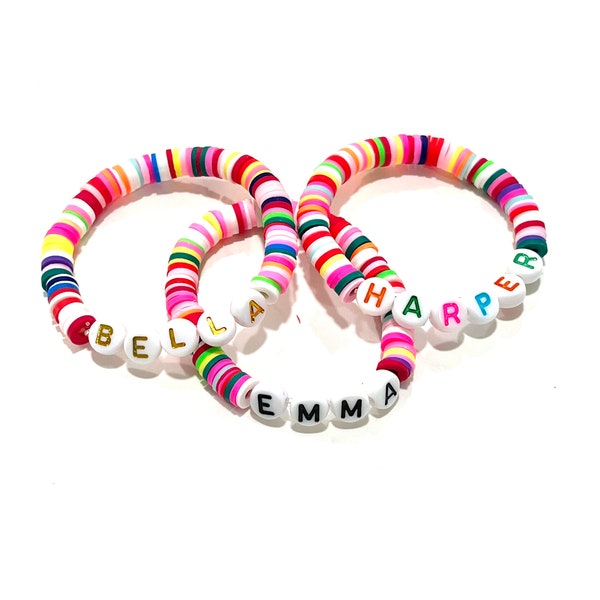 Kids Stretch Bright Rainbow Heishi Custom Name Bracelet - toddler, kids, little girls, multicolor