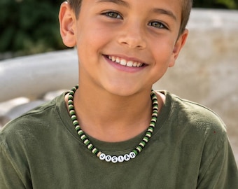 Personalized Boys Name Necklace - Custom Green Camo Heishi Beads - Kids Name Necklace - Handmade Gift for Boys - Camp Necklace