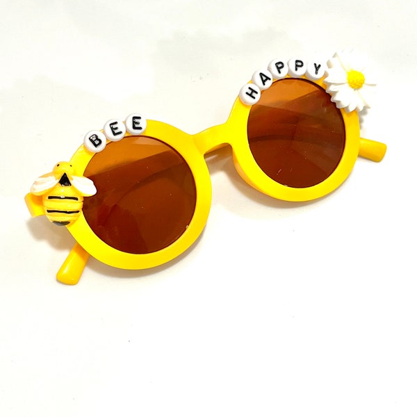 Be Happy Yellow Round Kids Sunglasses - flower, bee, toddler, baby, girls