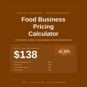 Könnte beinhalten: Eine digitale Download-Grafik mit dem Text "Food Business Pricing Calculator" in Weiß auf braunem Hintergrund. Die Grafik enthält Kostenaufschlüsselungen, Catering-Angebote und ist für Lebensmittelunternehmen konzipiert.