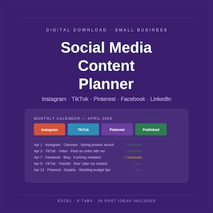 May include: Digital download social media content planner with a purple background. The planner includes a monthly calendar for April 2026, with tabs for Instagram, TikTok, Pinterest, and Facebook. The planner includes 20 post ideas.