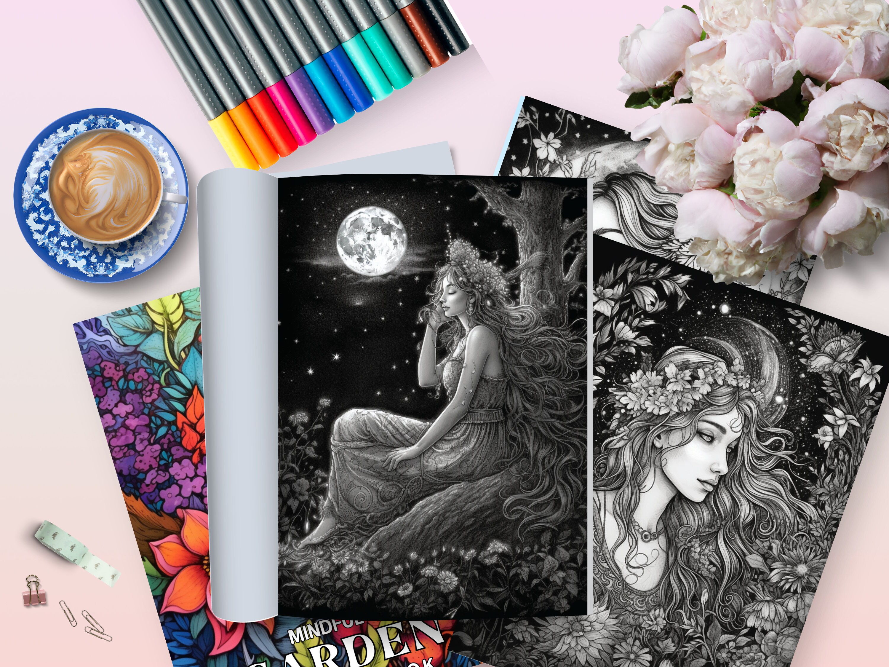 Midnight Fairy Colouring Book Printable Pdf Download Grayscale ...