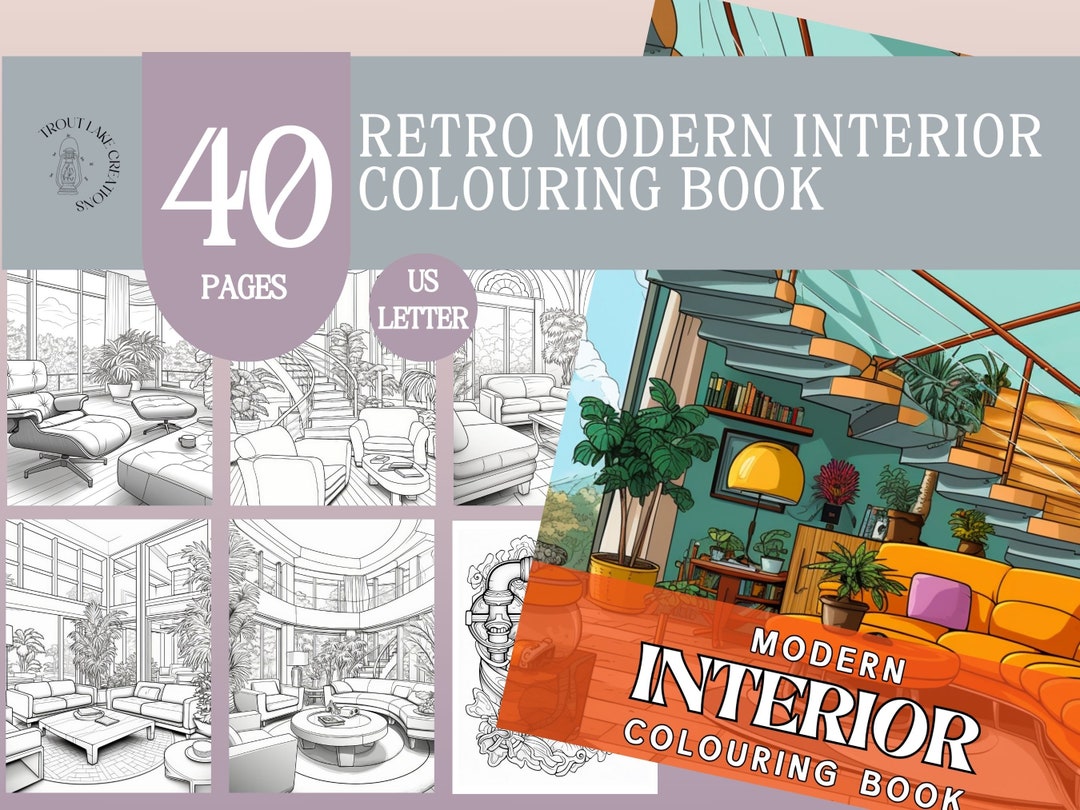 Retro Modern Interior Colouring Book Instant Download Adult Coloring