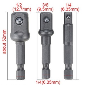 Puede incluir: Tres extensiones de broca de metal en diferentes tamaños: 1/2 pulgada (12,7 mm), 3/8 pulgada (9,5 mm) y 1/4 pulgada (6,35 mm). Las extensiones tienen aproximadamente 52 mm de largo.