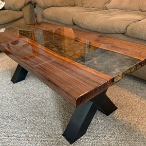 Epoxy river table/ coffee table/ river epoxy end table/ walnut end table/ live edge end table/ live edge epoxy/ river rock table