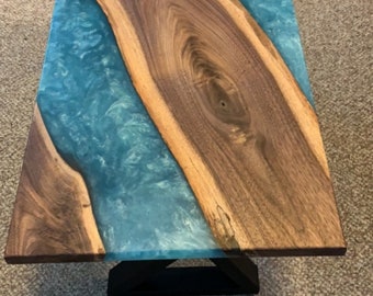 Epoxy river table/ coffee table/ river epoxy end table/ walnut end table/ live edge end table/ live edge epoxy/ river rock table