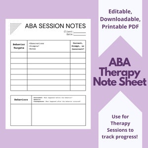 Appunti sulla terapia ABA/tecnico comportamentale, fogli di appunti per analista comportamentale per aba Sessions