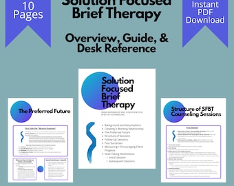 Puede incluir: Un gráfico azul y blanco con el texto "Solution Focused Brief Therapy" y "Desk Reference and Overview for SFBT in Counseling". El gráfico también incluye una lista de temas relacionados con la terapia breve centrada en soluciones, como "Antecedentes y supuestos", "Crear una relación de trabajo", "El futuro preferido", "Estructura de las sesiones", "Sesiones de seguimiento", "Éxitos pasados", "Medir y alentar el progreso del cliente", "Hojas de trabajo para tomar notas", "Sesión inicial" y "Sesiones subsiguientes".