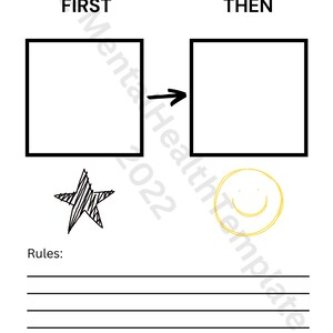 May include: A printable worksheet with two blank boxes labeled "FIRST" and "THEN" with an arrow pointing from the first box to the second.  Below the boxes are a black star and a yellow smiley face.  The text "Rules:" is written below the images.  There are six blank lines below the text.