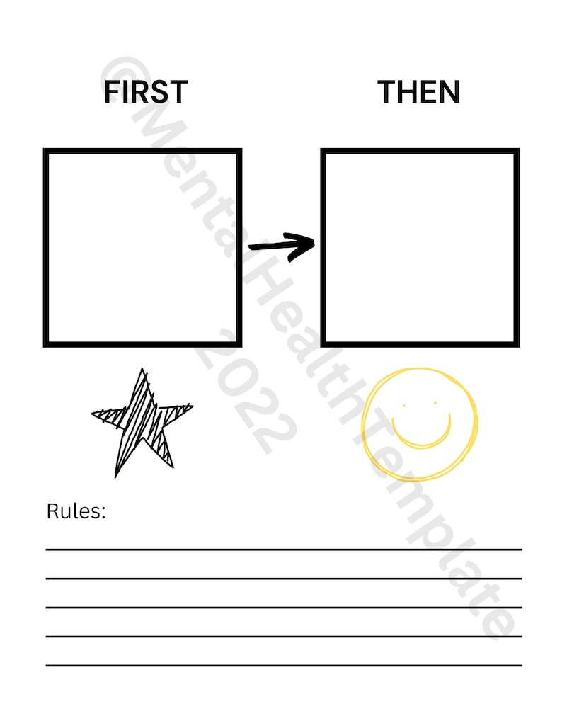 May include: A printable worksheet with two blank boxes labeled "FIRST" and "THEN" with an arrow pointing from the first box to the second.  Below the boxes are a black star and a yellow smiley face.  The text "Rules:" is written below the images.  There are six blank lines below the text.