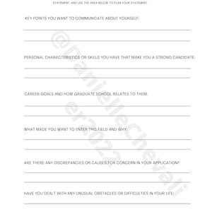 May include: A printable worksheet with the title "Personal Statement" and a list of questions to help plan a personal statement for a graduate school application.