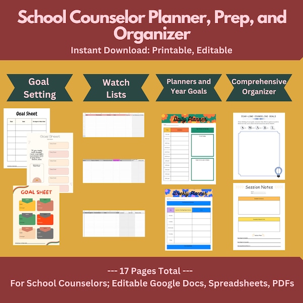 School Counselor Planner, Prep, Organizer | Calendars, Student Watchlist, Daily + Weekly Planner, Session Note, Year Goals, Counselor Duties