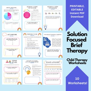 Paquete de hojas de trabajo de terapia breve centrada en soluciones / Hojas de trabajo de terapia SFBT para niños, futuro preferido, pregunta milagrosa, objetivos SMART