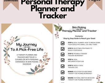 May include: A printable skin picking therapy planner and tracker with 15 pages. The planner includes a step-by-step guide to reach your goals, worksheets, and a weekly goal tracker log. The cover features a floral design and the text "My Journey To A Pick-Free Life".