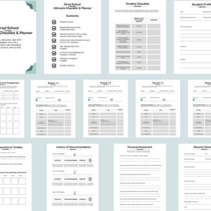 May include: A printable checklist and planner for graduate school applications. The checklist includes sections for school brainstorming, timeline, GRE preparation, letters of recommendation, personal statement, and resume.