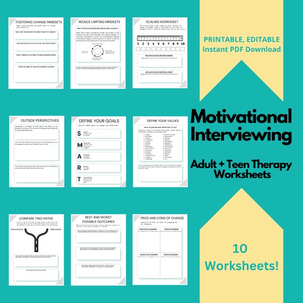 Paquete de hojas de trabajo de entrevistas motivacionales / Hojas de trabajo de terapia MI para adultos y adolescentes, salud mental y cambios, objetivos inteligentes, actividades de asesoramiento