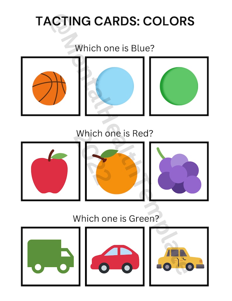 May include: A color matching game for kids.  The game asks the question "Which one is blue?" and shows three images: a basketball, a light blue circle, and a green circle. The next question is "Which one is red?" and shows three images: a red apple, an orange, and a bunch of purple grapes. The final question is "Which one is green?" and shows three images: a green truck, a red car, and a yellow car.