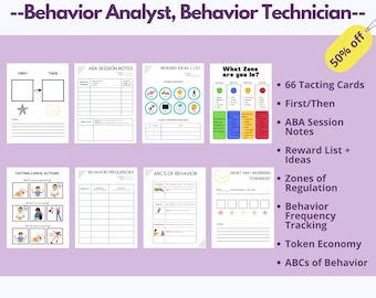 ABA Therapy Bundle | behavior analyst, behavior technician worksheets, tacting, session notes, token economy, rewards, zones of regulation