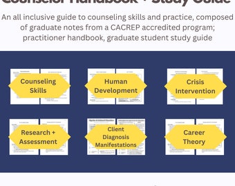 May include: A yellow and black counselor handbook and study guide with the title "Counselor Handbook + Study Guide" and the text "88 Pages Total" at the bottom. The handbook is divided into six sections: Counseling Skills, Human Development, Crisis Intervention, Research + Assessment, Client Diagnosis Manifestations, and Career Theory.