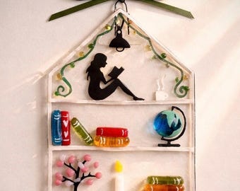 Bookworm Hanging Decoration fused glass art love reading lover bookshelf study gift traveller birthday gift good luck gift library books