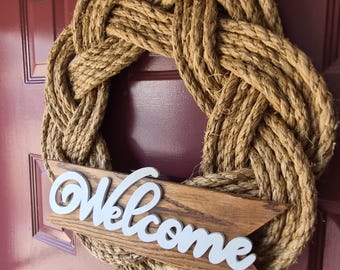 Rustic Welcome Turks Head Wreath, lower sign