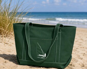 Women Sailing a Sunfish Lineart, Cotton Canvas Yacht Tote Bag