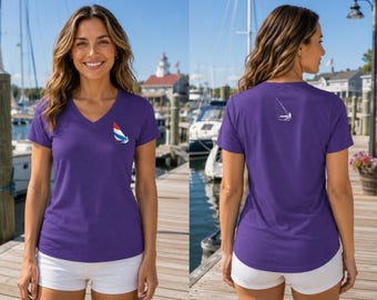 Red White Blue Sunfish Heeling,  Ladies' 5.3 oz. V-Neck T-Shirt