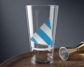 My version of the Sunfish sailboat, Blue and White Sail, Pint Glass, 16oz