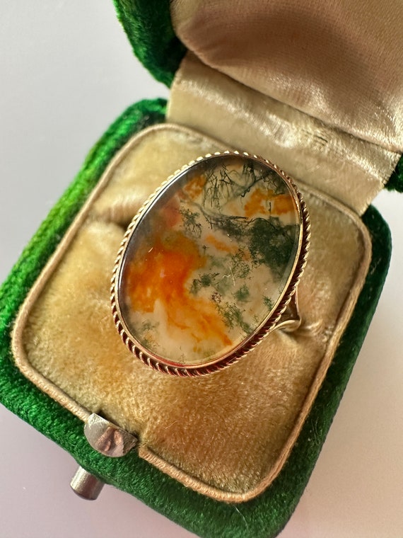 Vintage 9ct Gold Moss Agate Oval Rope Twist Ring