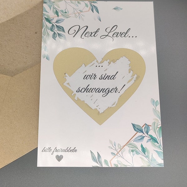 Pregnancy Announcement Scratch Card Schangerschaft mit riesen Überraschung Gold Herz Wir sind schanger Karte+Kraftpapier Umschlag