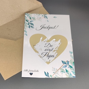 Annonce de grossesse Carte à gratter Schangerschaft avec énorme jackpot surprise Gold Heart! Vous serez Papa Card + Kraft Paper Envelope