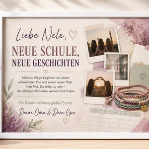 May include: A framed print featuring the German text "Liebe Nele, NEUE SCHULE, NEUE GESCHICHTEN," three polaroid-style photos, a blank calendar grid, and a stack of three braided bracelets with a small heart charm, all set against a floral background.