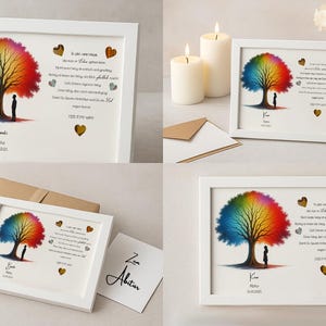 May include: White framed print with a rainbow tree and two figures standing beneath it. The print includes a poem about love and a date. The text reads "In all the wide world, there is not a love like ours, a love so gently given, a love that makes my heart sing, a love that makes my spirit fly.  I do love you so."
