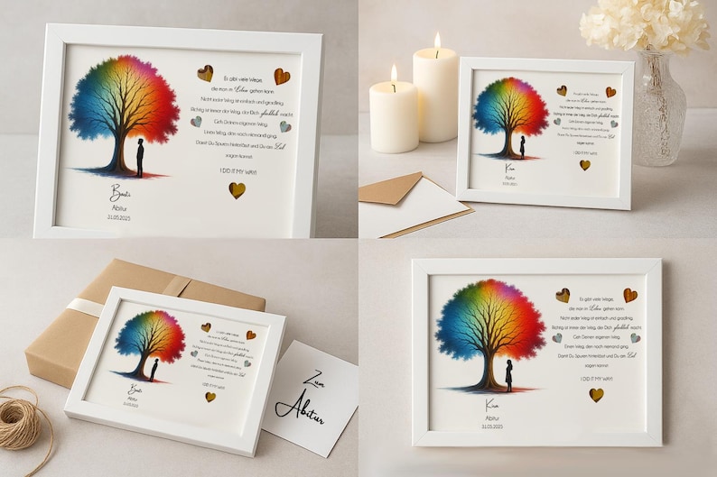 May include: White framed print with a rainbow tree and two figures standing beneath it. The print includes a poem about love and a date. The text reads "In all the wide world, there is not a love like ours, a love so gently given, a love that makes my heart sing, a love that makes my spirit fly.  I do love you so."