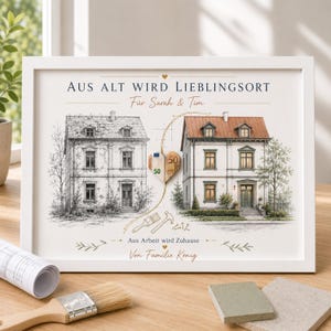 Può includere: Una stampa incorniciata con lo schizzo di una casa a sinistra e una versione a colori a destra. Il testo recita "AUS ALT WIRD LIEBLINGSORT", "Für Sarah & Tim", "Aus Arbeit wird Zuhause" e "Von Familie König". Una banconota da 50 euro è piegata a forma di cuore.