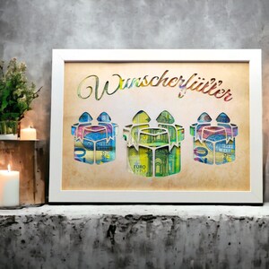 Money gift birthday wish fulfiller gift to give away for birthday Christmas money optionally with picture frame DinA4