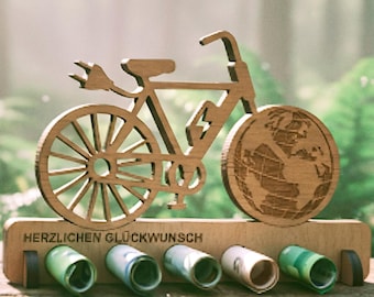 E Bike Geldgeschenk Holz Fahrrad mit Weltkarte Geschenkidee Geburtstag Hochzeit Konfirmation Glückwunsch