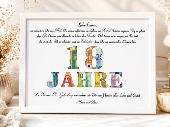 18 Geburtstag Geschenk personalisiert Geldgeschenk Volljährigkeit Mädchen Junge Erinnerungsgeschenk mit Namen Bilderrahmen DIY Geschenkidee