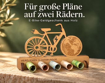 Wooden e-bike money gift | Bicycle with world map wheel and optional custom engraving