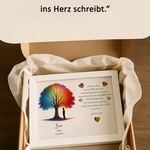 May include: A white framed print with a rainbow tree and a quote in German. The quote reads "Ein bleibendes Geschenk f&uuml;r einen Tag, der den Glauben ins Herz schreibt." The print also includes the text "Bat Abitur 31.05.2025".